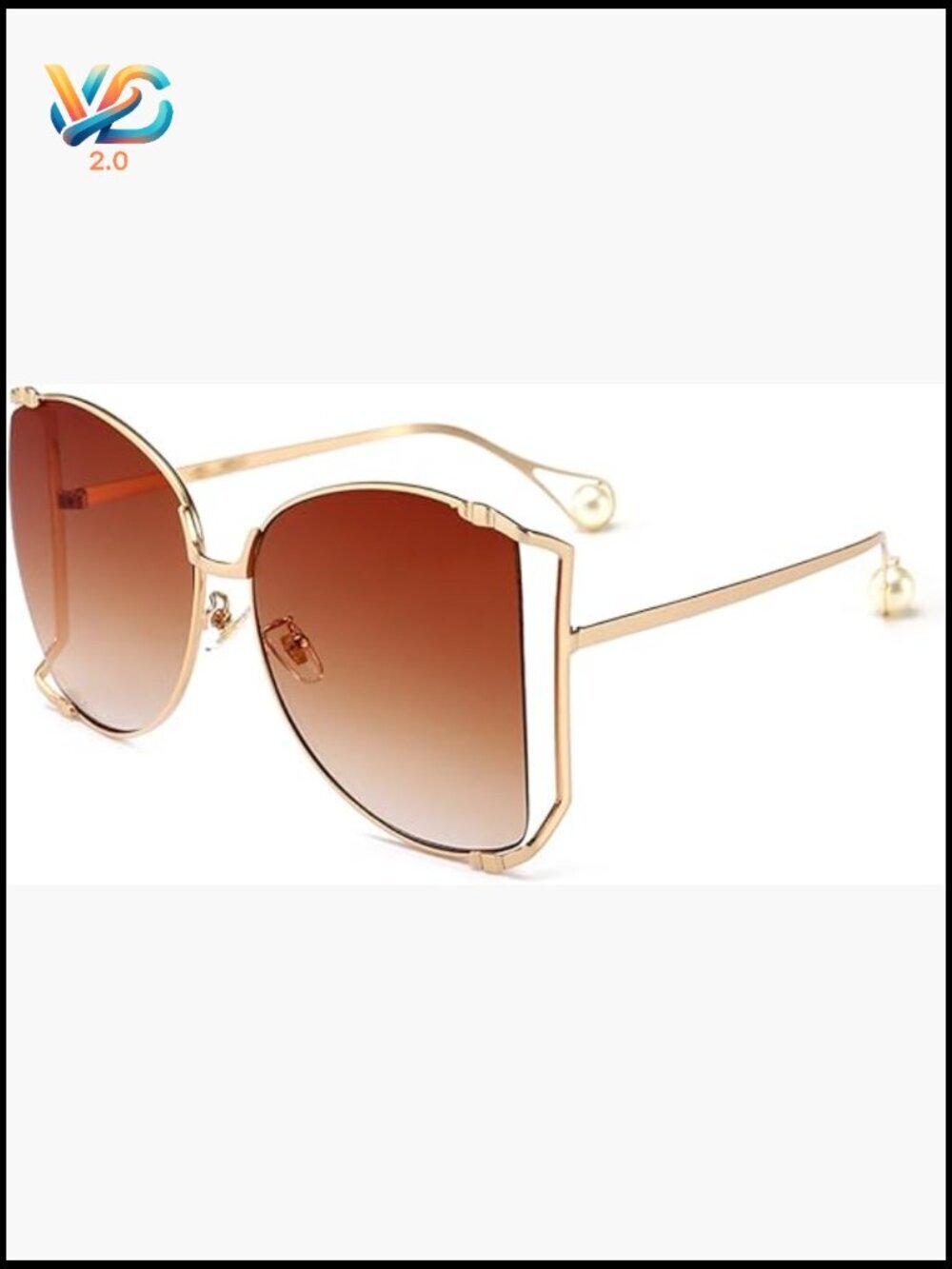 Oversized Semi Rimless Sunglasses Retro Metal Frame Pearl Design UV Protection